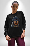 Rottweiler Koca Kafa Puppy Kadın Erkek  Siyah Baskılı Sweatshirt 