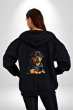 Puppy Köpek Rottweiler  Kadın Erkek Siyah Renk Kapüşonlu Kanguru Cepli  Fermuarlı Pamuklu Oversize Dijital Baskılı Hırka Sweatshirt