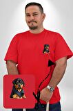 Puppy Köpek Rottweiler  Kırmızı Büyük Beden Kadın Basic Minimal Baskılı Tişört