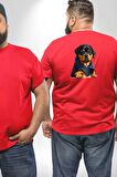Puppy Köpek Rottweiler  Büyük Beden Kırmızı Tişört Kadın Erkek Ünisex Sırt Baskılı