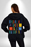 Geleçeği Seninle Planlayalım  Kadın Erkek Siyah Renk Kapüşonlu Kanguru Cepli  Fermuarlı Pamuklu Oversize Dijital Baskılı Hırka Sweatshirt