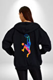 Smaç Basketbol Renkli Kadın Erkek Siyah Renk Kapüşonlu Kanguru Cepli  Fermuarlı Pamuklu Oversize Dijital Baskılı Hırka Sweatshirt