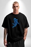Basketbol Mars Uzay Smaçı  Pamuklu Bisiklet Yaka Kadın Erkek Oversize Boyfriend Dijital Baskılı Siyah T-shirt