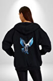 Mavi Beyaz Kartal Kuş Kadın Erkek Siyah Renk Kapüşonlu Kanguru Cepli  Fermuarlı Pamuklu Oversize Dijital Baskılı Hırka Sweatshirt