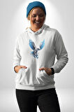 Mavi Beyaz Kartal Kuş Kadın Erkek  Beyaz Kapüşonlu Sweatshirt Hoodie