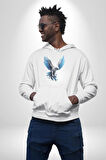 Mavi Beyaz Kartal Kuş Kadın Erkek  Beyaz Kapüşonlu Sweatshirt Hoodie