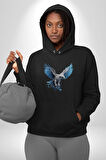 Mavi Beyaz Kartal Kuş Kadın Erkek  Siyah Kapüşonlu Sweatshirt Hoodie