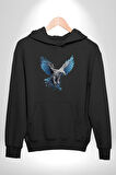 Mavi Beyaz Kartal Kuş Kadın Erkek  Siyah Kapüşonlu Sweatshirt Hoodie