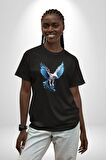 Mavi Beyaz Kartal Kuş Pamuklu Bisiklet Yaka Kadın Erkek Oversize Boyfriend Dijital Baskılı Siyah T-shirt
