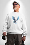 Mavi Beyaz Kartal Kuş Kadın Erkek  Beyaz Baskılı Sweatshirt 