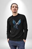 Mavi Beyaz Kartal Kuş Kadın Erkek  Siyah Baskılı Sweatshirt 