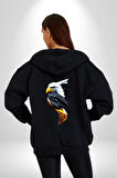 Yapay Zeka Kartal Kuş Tasarımı Kadın Erkek Siyah Renk Kapüşonlu Kanguru Cepli  Fermuarlı Pamuklu Oversize Dijital Baskılı Hırka Sweatshirt