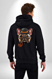 Köpek Pug Gözlüklü Kadın Erkek Siyah Renk Kapüşonlu Kanguru Cepli  Fermuarlı Pamuklu Oversize Dijital Baskılı Hırka Sweatshirt