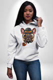 Köpek Pug Gözlüklü Kadın Erkek  Beyaz Kapüşonlu Sweatshirt Hoodie