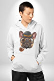 Köpek Pug Gözlüklü Kadın Erkek  Beyaz Kapüşonlu Sweatshirt Hoodie