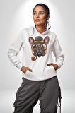 Köpek Pug Gözlüklü Kadın Erkek  Beyaz Kapüşonlu Sweatshirt Hoodie