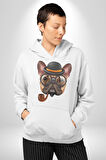Köpek Pug Gözlüklü Kadın Erkek  Beyaz Kapüşonlu Sweatshirt Hoodie