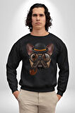 Köpek Pug Gözlüklü Kadın Erkek  Siyah Baskılı Sweatshirt 