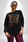 Köpek Pug Gözlüklü Kadın Erkek  Siyah Baskılı Sweatshirt 