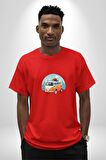 Wolkswagen Karavan Kış Gezisi Pamuklu Bisiklet Yaka Kadın Erkek Oversize Boyfriend Dijital Baskılı Kırmızı T-Shirt