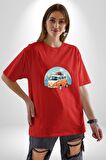 Wolkswagen Karavan Kış Gezisi Pamuklu Bisiklet Yaka Kadın Erkek Oversize Boyfriend Dijital Baskılı Kırmızı T-Shirt