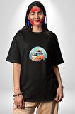 Wolkswagen Karavan Kış Gezisi Pamuklu Bisiklet Yaka Kadın Erkek Oversize Boyfriend Dijital Baskılı Siyah T-shirt