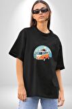 Wolkswagen Karavan Kış Gezisi Pamuklu Bisiklet Yaka Kadın Erkek Oversize Boyfriend Dijital Baskılı Siyah T-shirt