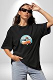 Wolkswagen Karavan Kış Gezisi Pamuklu Bisiklet Yaka Kadın Erkek Oversize Boyfriend Dijital Baskılı Siyah T-shirt