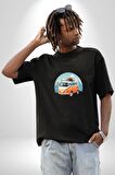 Wolkswagen Karavan Kış Gezisi Pamuklu Bisiklet Yaka Kadın Erkek Oversize Boyfriend Dijital Baskılı Siyah T-shirt