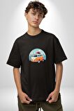 Wolkswagen Karavan Kış Gezisi Pamuklu Bisiklet Yaka Kadın Erkek Oversize Boyfriend Dijital Baskılı Siyah T-shirt