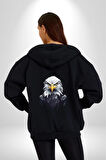 Siyah Beyaz Şahin Kafası  Kadın Erkek Siyah Renk Kapüşonlu Kanguru Cepli  Fermuarlı Pamuklu Oversize Dijital Baskılı Hırka Sweatshirt
