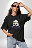 Siyah Beyaz Şahin Kafası  Pamuklu Bisiklet Yaka Kadın Erkek Oversize Boyfriend Dijital Baskılı Siyah T-shirt