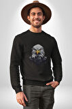 Siyah Beyaz Şahin Kafası  Kadın Erkek  Siyah Baskılı Sweatshirt 