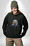 Siyah Beyaz Şahin Kafası  Kadın Erkek  Siyah Baskılı Sweatshirt 