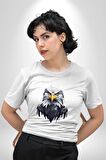 Siyah Beyaz Şahin Kafası  Kadın Erkek Unisex Beyaz Organik Baskılı T-Shirt Penye Yüksek Kalite