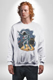 Gitar Astronot Müzik Uzay Kadın Erkek  Beyaz Baskılı Sweatshirt 