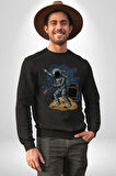 Gitar Astronot Müzik Uzay Kadın Erkek  Siyah Baskılı Sweatshirt 