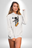Atronot Kaykay Uzay Mars Kadın Erkek  Beyaz Kapüşonlu Sweatshirt Hoodie