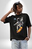 Atronot Kaykay Uzay Mars Pamuklu Bisiklet Yaka Kadın Erkek Oversize Boyfriend Dijital Baskılı Siyah T-shirt