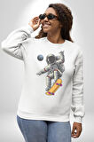 Atronot Kaykay Uzay Mars Kadın Erkek  Beyaz Baskılı Sweatshirt 