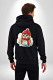 Kış Kırmızı Atkı Bere Baykuş Kadın Erkek Siyah Renk Kapüşonlu Kanguru Cepli  Fermuarlı Pamuklu Oversize Dijital Baskılı Hırka Sweatshirt