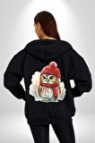 Kış Kırmızı Atkı Bere Baykuş Kadın Erkek Siyah Renk Kapüşonlu Kanguru Cepli  Fermuarlı Pamuklu Oversize Dijital Baskılı Hırka Sweatshirt