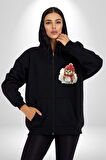 Kış Kırmızı Atkı Bere Baykuş Kadın Erkek Siyah Renk Kapüşonlu Kanguru Cepli  Fermuarlı Pamuklu Oversize Dijital Baskılı Hırka Sweatshirt