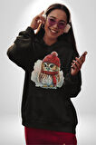Kış Kırmızı Atkı Bere Baykuş Kadın Erkek  Siyah Kapüşonlu Sweatshirt Hoodie