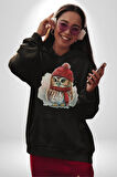 Kış Kırmızı Atkı Bere Baykuş Kadın Erkek  Siyah Kapüşonlu Sweatshirt Hoodie