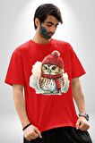 Kış Kırmızı Atkı Bere Baykuş Pamuklu Bisiklet Yaka Kadın Erkek Oversize Boyfriend Dijital Baskılı Kırmızı T-Shirt
