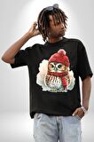 Kış Kırmızı Atkı Bere Baykuş Pamuklu Bisiklet Yaka Kadın Erkek Oversize Boyfriend Dijital Baskılı Siyah T-shirt