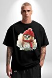 Kış Kırmızı Atkı Bere Baykuş Pamuklu Bisiklet Yaka Kadın Erkek Oversize Boyfriend Dijital Baskılı Siyah T-shirt