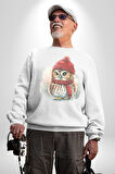 Kış Kırmızı Atkı Bere Baykuş Kadın Erkek  Beyaz Baskılı Sweatshirt 