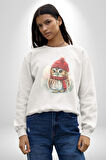 Kış Kırmızı Atkı Bere Baykuş Kadın Erkek  Beyaz Baskılı Sweatshirt 